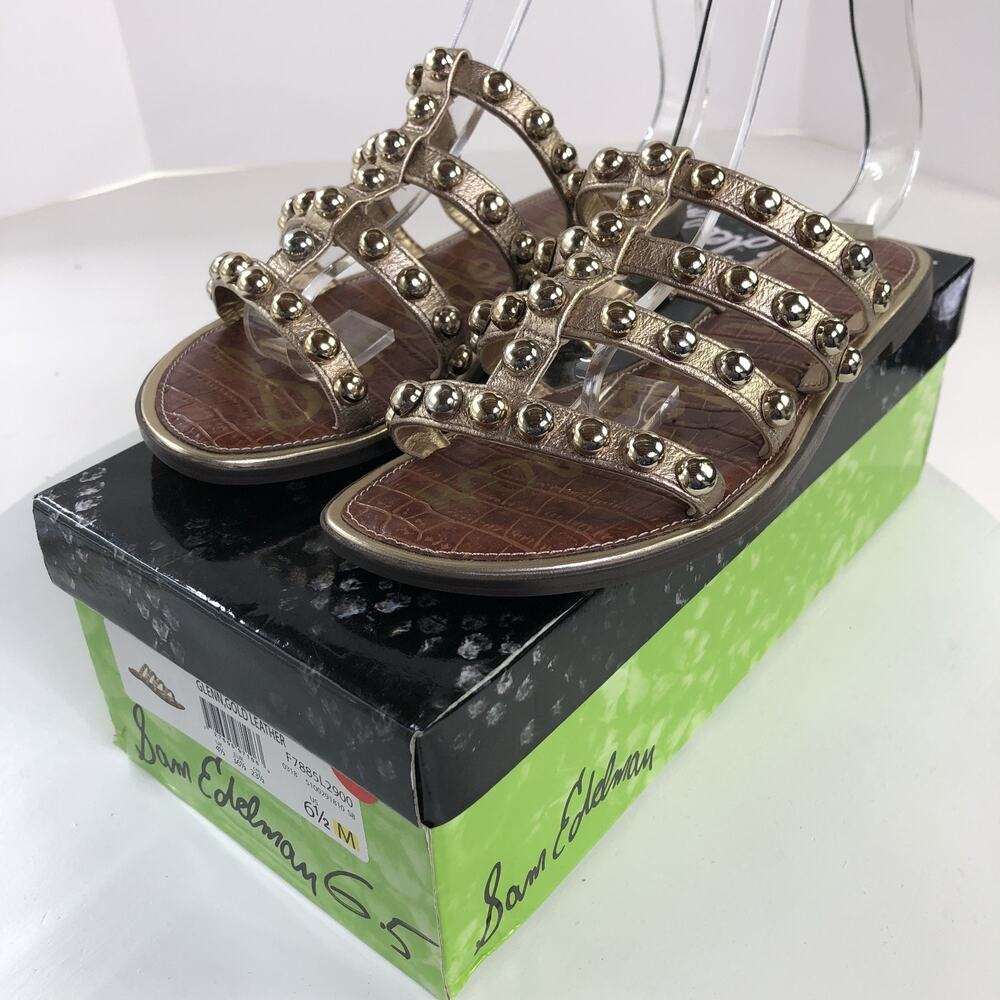 SAM EDELMAN Glenn Women's 6.5 Studded Leather Slides Sandals Shoes Metallic Gold